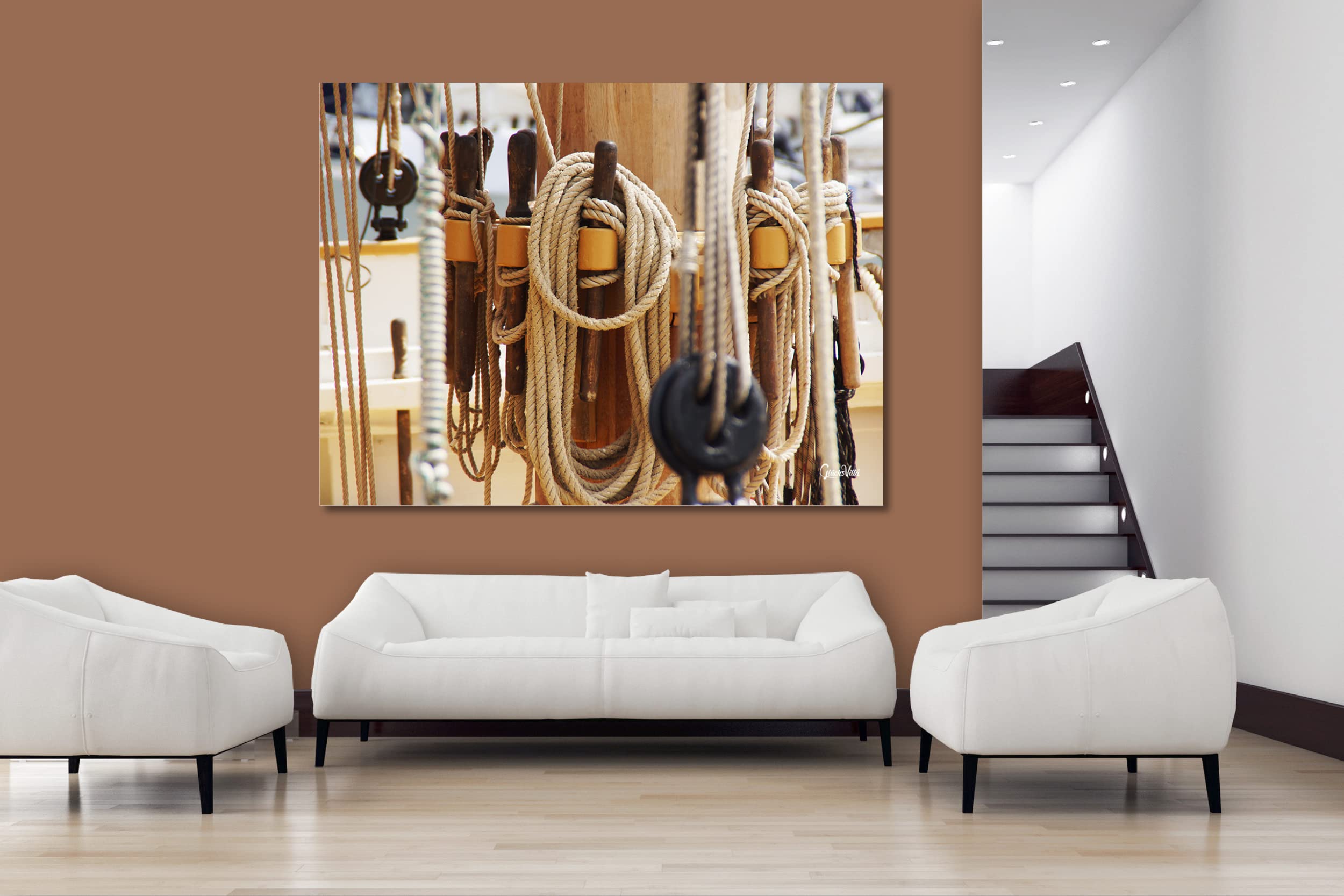 Glücksvilla - Segel-Schiff 3 (Acrylglas-Bild 5 mm, 100 x 80 cm) | div. Maße - aus DE - Deko Wandbild quer - Segel-Boot Anker Holzboot Yacht Meer Steuerrad Seil Hafen maritim