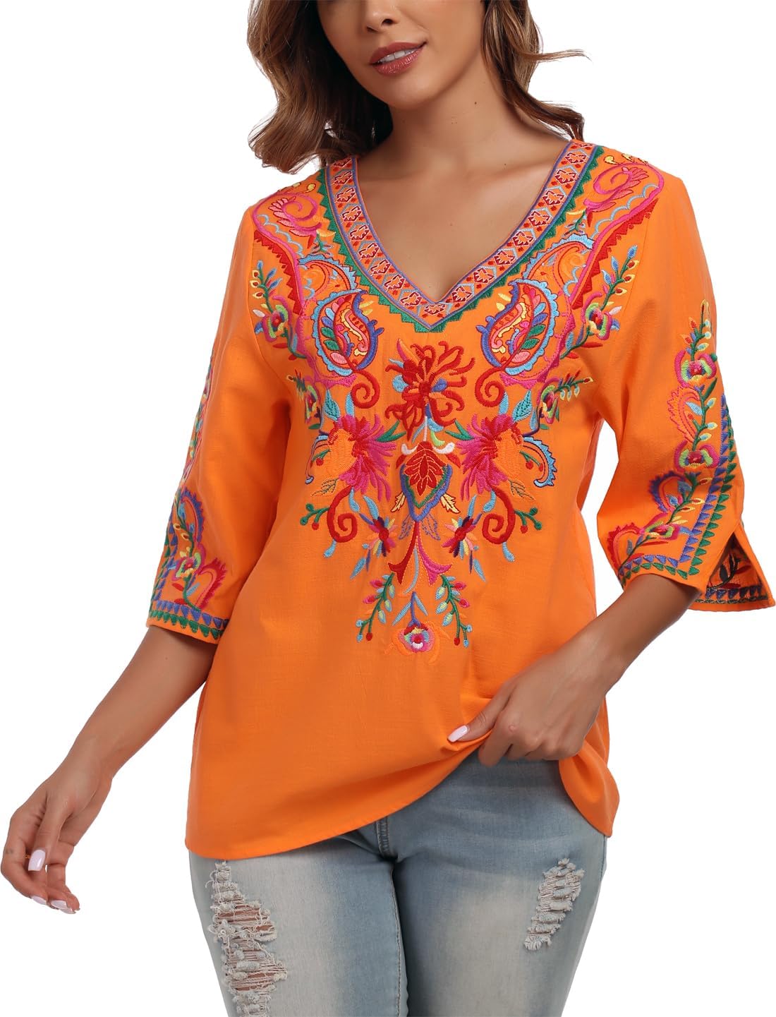 YZXDORWJ Women's Summer Embroidered Mexican Shirts Short Sleeve Casual Tops Blouse - Image 8