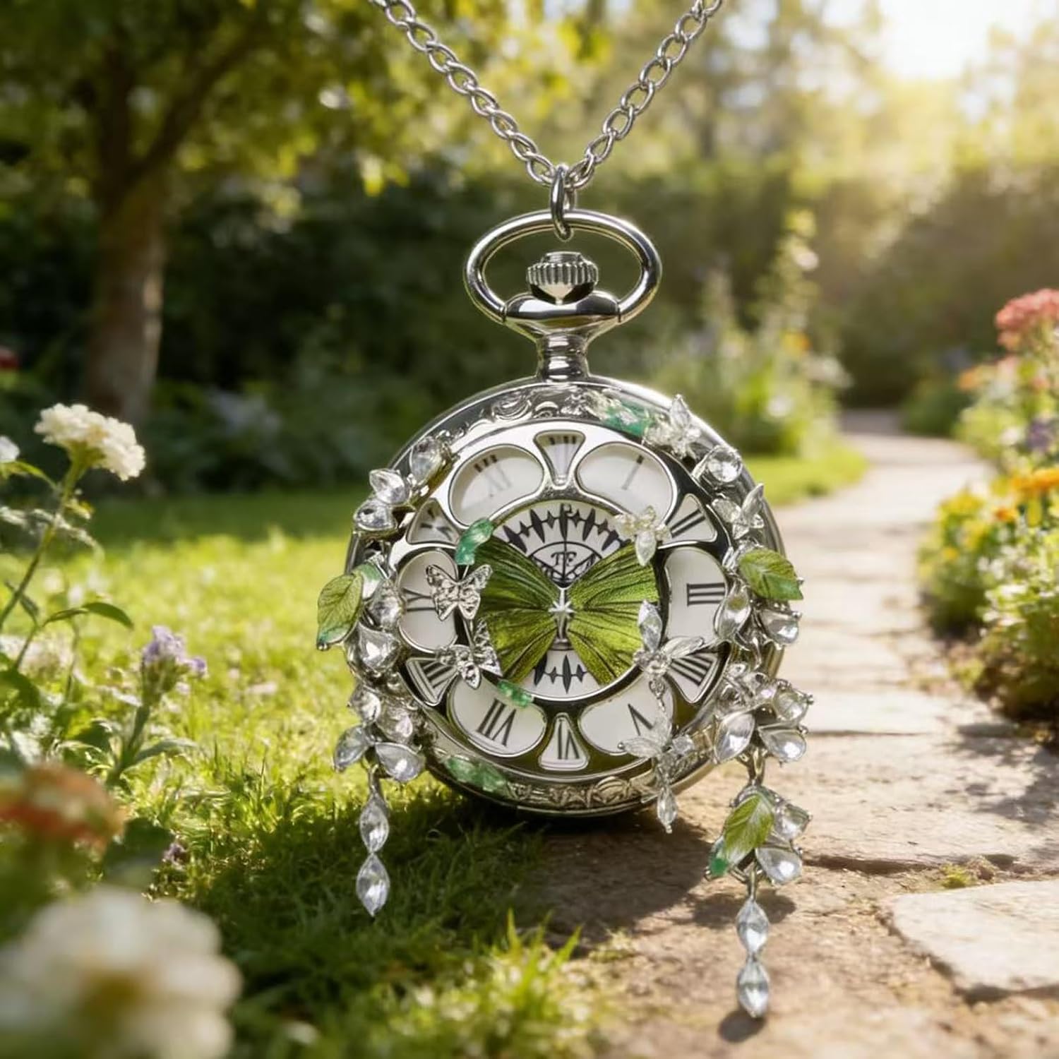 Vintage Butterfly Floral Pocket Watch Necklace Luxurious Silver Crystal Pendant for Women
