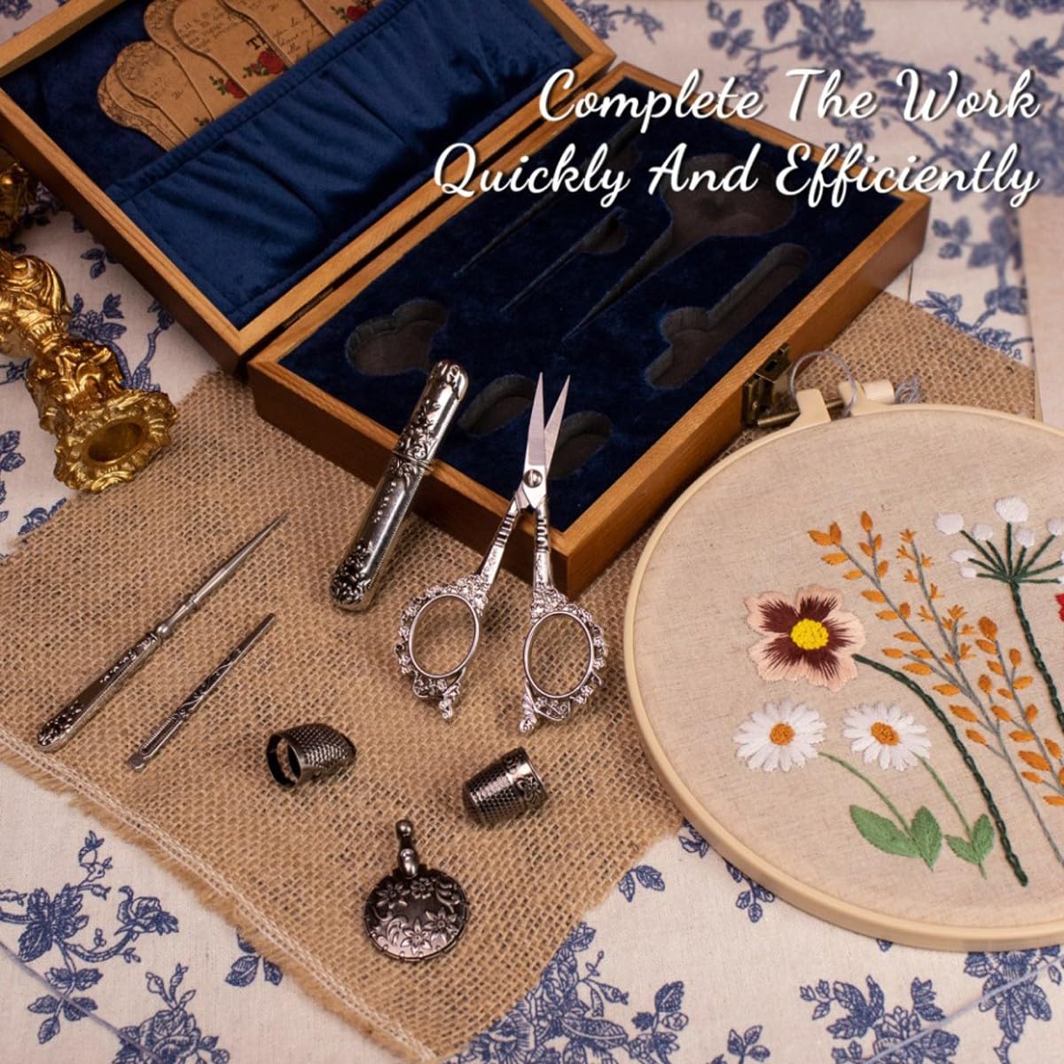 SubsOL Kit de Costura Vintage, Juego Completo de Tijeras para Bordar Antiguas de Estilo Europeo, Suministros para Manualidades DIY de Costura Retro con Tijeras y Agujas(Vintage Silver)