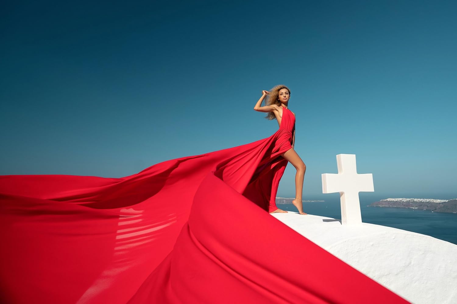 Red Halter top Long Tail Flying Dress for Women's Wedding, Maternity Photoshoot Santorini Flying Dress for Photoshoot | Long Tail Satin Maxi
