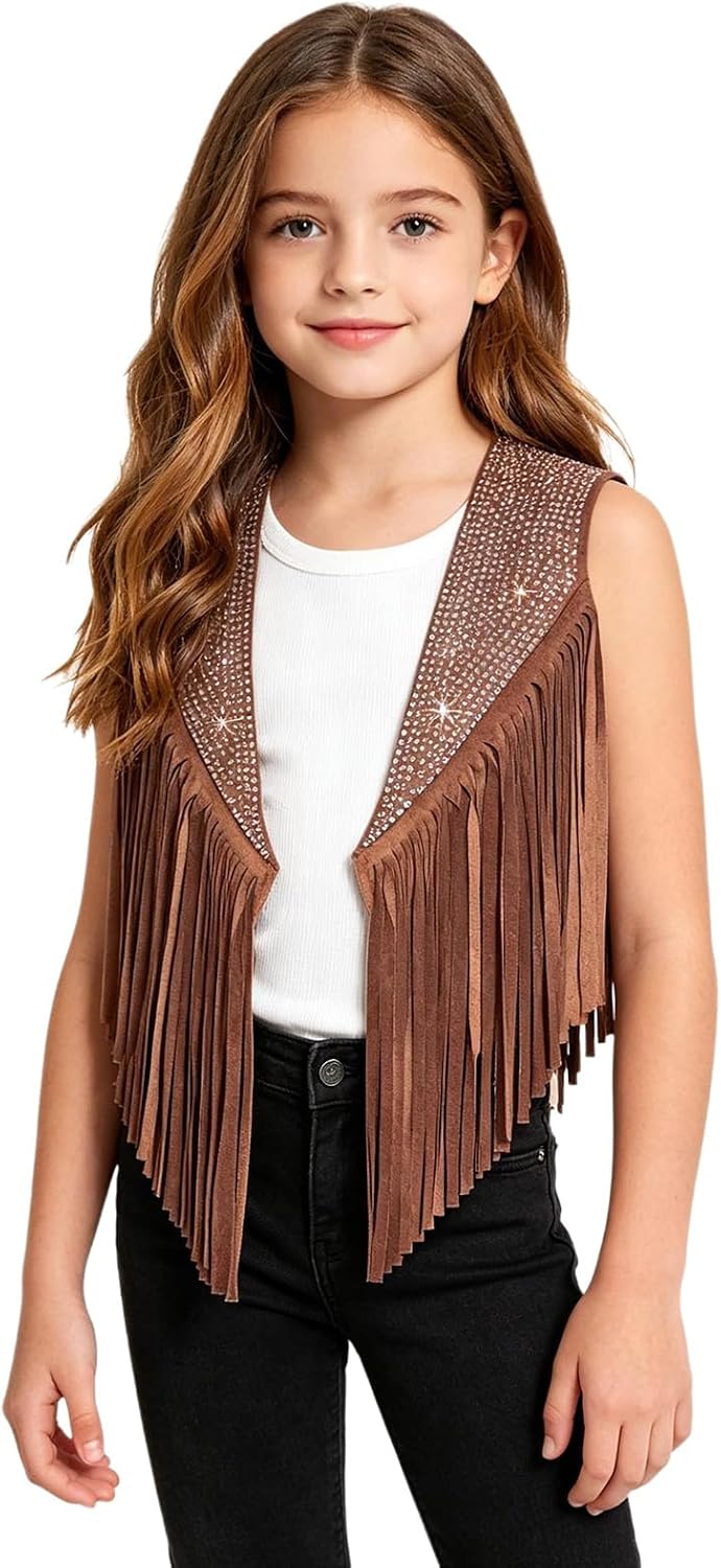 Girls Fringe Vest Dress Up Party Tops Cowgirl Waistcoat Boho Tassels Cardigan Retro Disco Dancewear