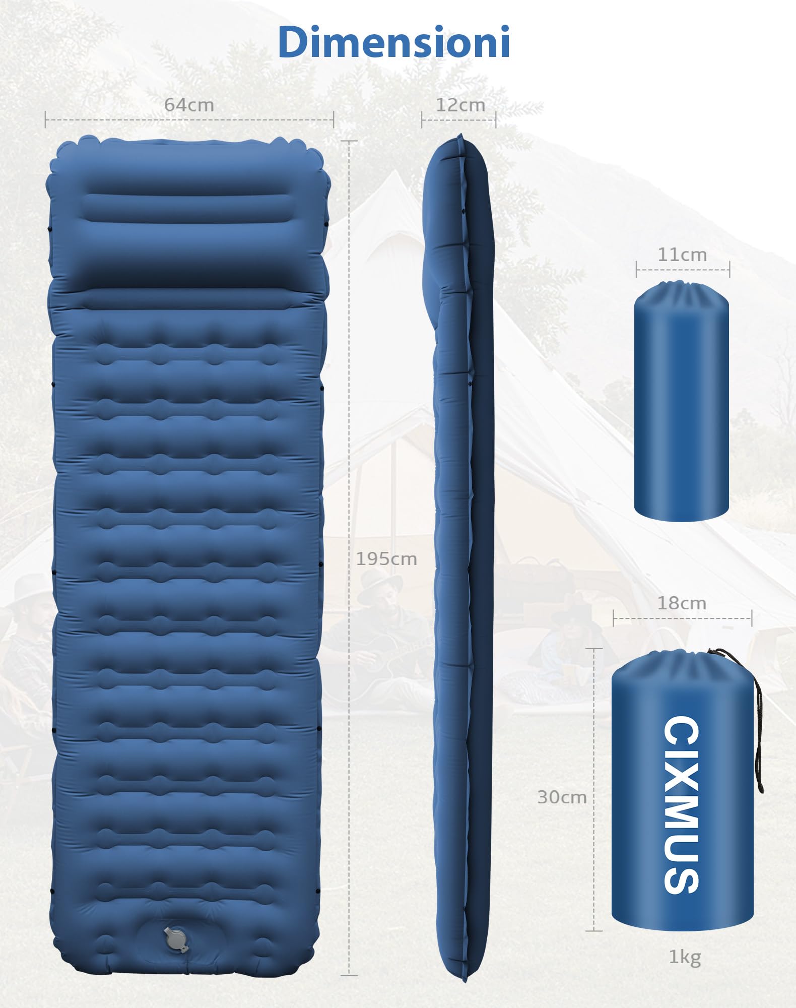 Materassino Gonfiabile Campeggio Singolo 12cm, Materassino Autogonfiante con Pompa a Pedale e Cuscino, Ultraleggero Portatile in 40D Nylon per Trekking, Tenda, Outdoor e Viaggi