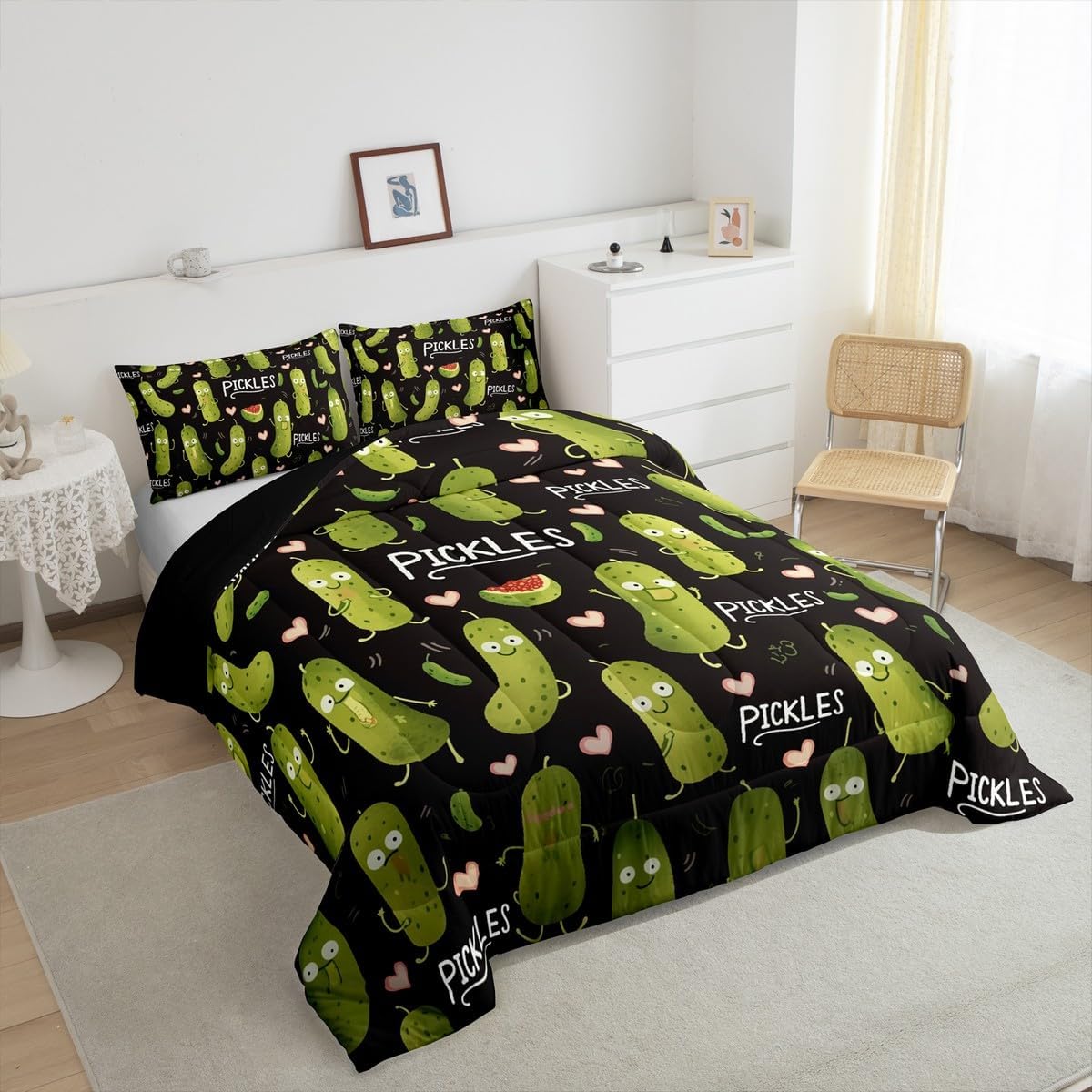 Erosebridal Pickle Down Comforter Kawaii Cucumber Kids Comforter Set Dill Pickle Bedding Sets Queen Love Heart Decor Bedding Comforter Sets for Boys Girls Teens Bedroom Decor