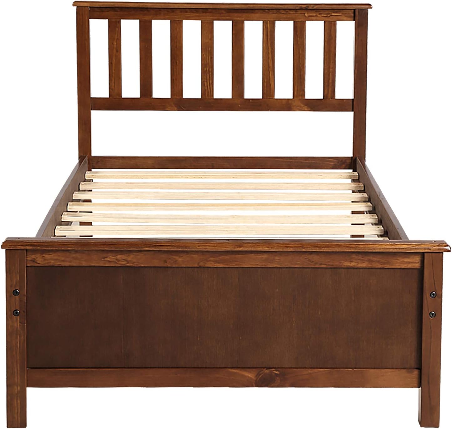 Walnut Twin Size Wood Platform Bed with Headboard and Footboard - Sturdy Pine Frame & Slat Support - Classic Design for Bedroom - Easy Assembly