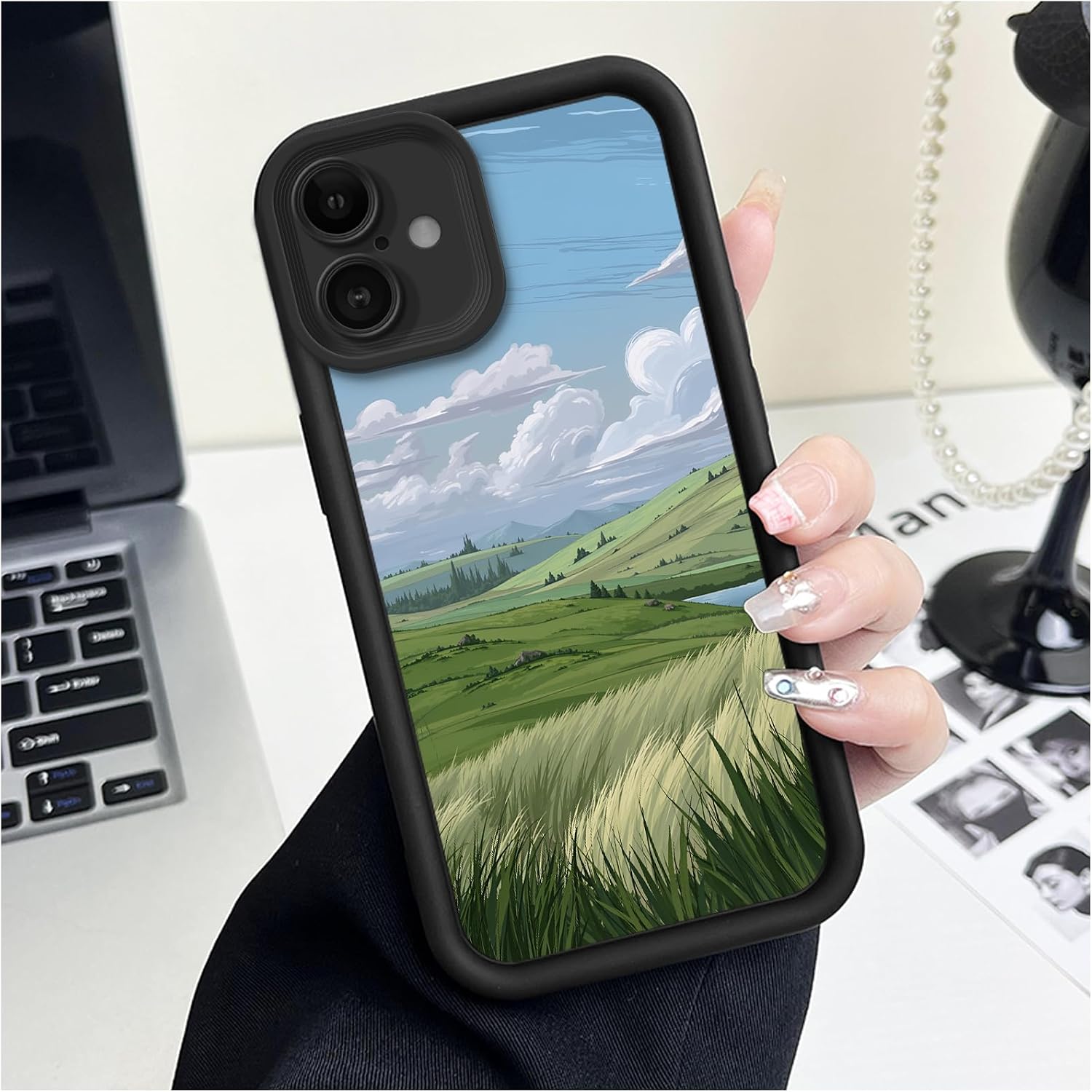 Branwen for iPhone 16 Case 6.1 inch Anime Green Grassland Lake View Step Design Soft Touch Case, Calm, Minimal, Anime, for Nature Enthusiasts, Birthday Gift