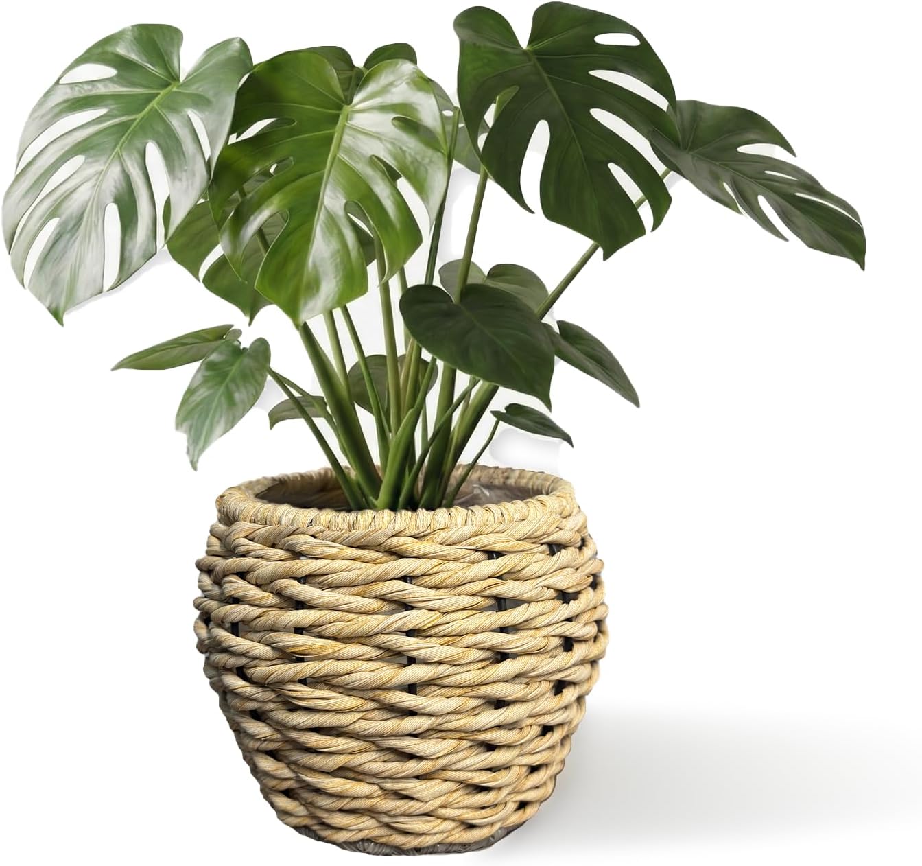 Handwoven Indoor Outdoor Wicker Basket Planter with Liner, Faux Corn Rope-Look PE Rattan