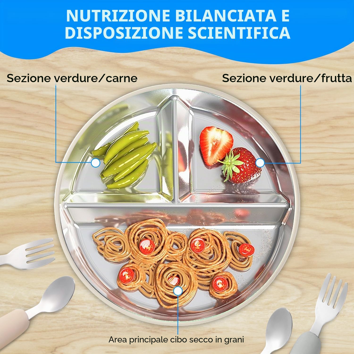 2 piatti a ventosa per bambini, in acciaio inox, con 2 cucchiai e forchette, piatti divisi per bambini, utensili per bambini, set di alimentazione antiscivolo, senza BPA (grigio + beige)