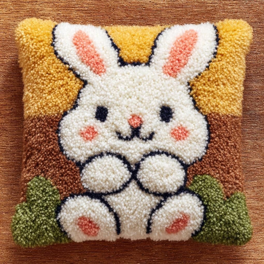Henypt Latch Hook Kits for Beginners & Adults,Cute Cartoon Rabbit 43x43cm DIY Pillow Cover Craft,Easy Crochet Needlework Kit with Full Accessories