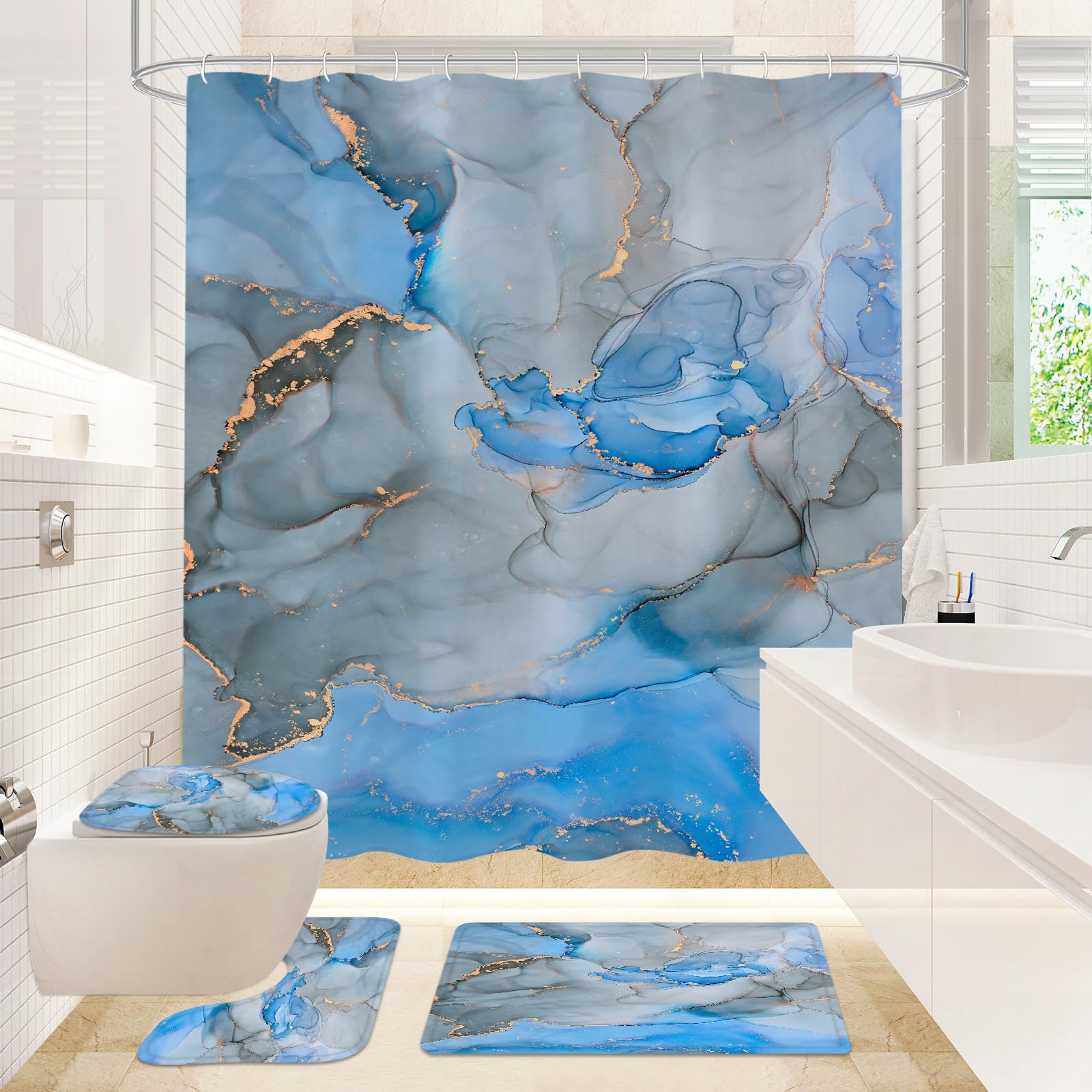 Gibelle 4 Pcs Bathroom Shower Curtain Set with Non-Slip Rugs, Toilet Lid Cover and Bath Mat, Blue Grey Marble Bathroom Decor Set with Shower Curtain