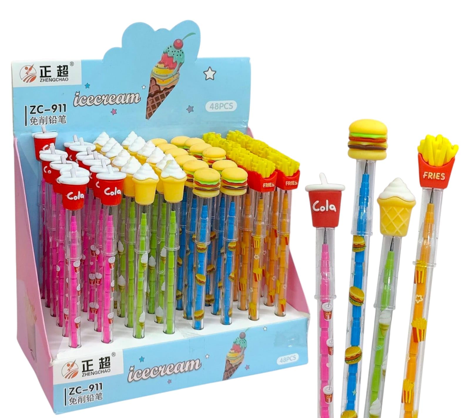 TERA 13 Fast Food Theme Colorful Push-up Non-Sharpening Stacking Pencil Junk Food Pencils With Changing For School Children Gift Stationery Supplies Birthday Return Gifts For Kids (4 pcs)