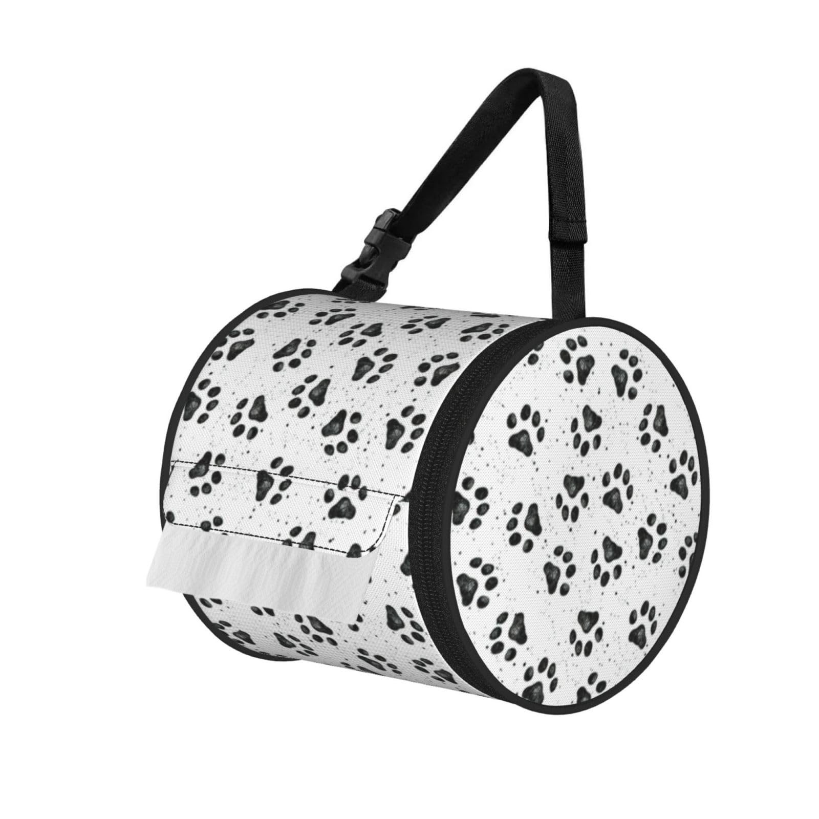 Dog Paw Pattern Print Round Paper Tissue Holder With Shoulder Strap, Portable Roll Case For Caravan Travel Use