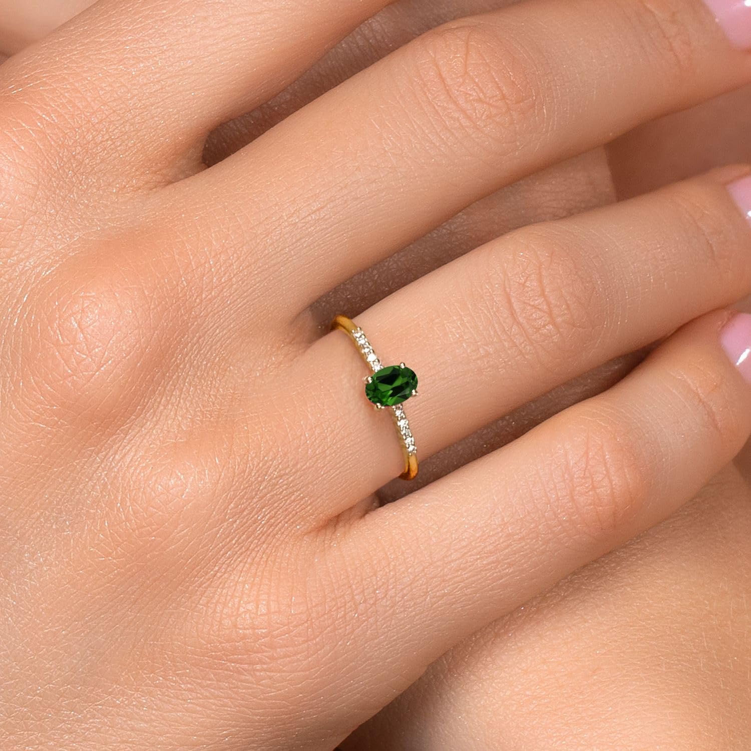 Gem Stone King 10K Yellow Gold Green Chrome Diopside and Lab Grown Diamond Engagement Ring for Women | 0.60 Cttw | Oval 6X4MM | Gemstone Birthstone | Wedding Anniversary Promise Gold Ring