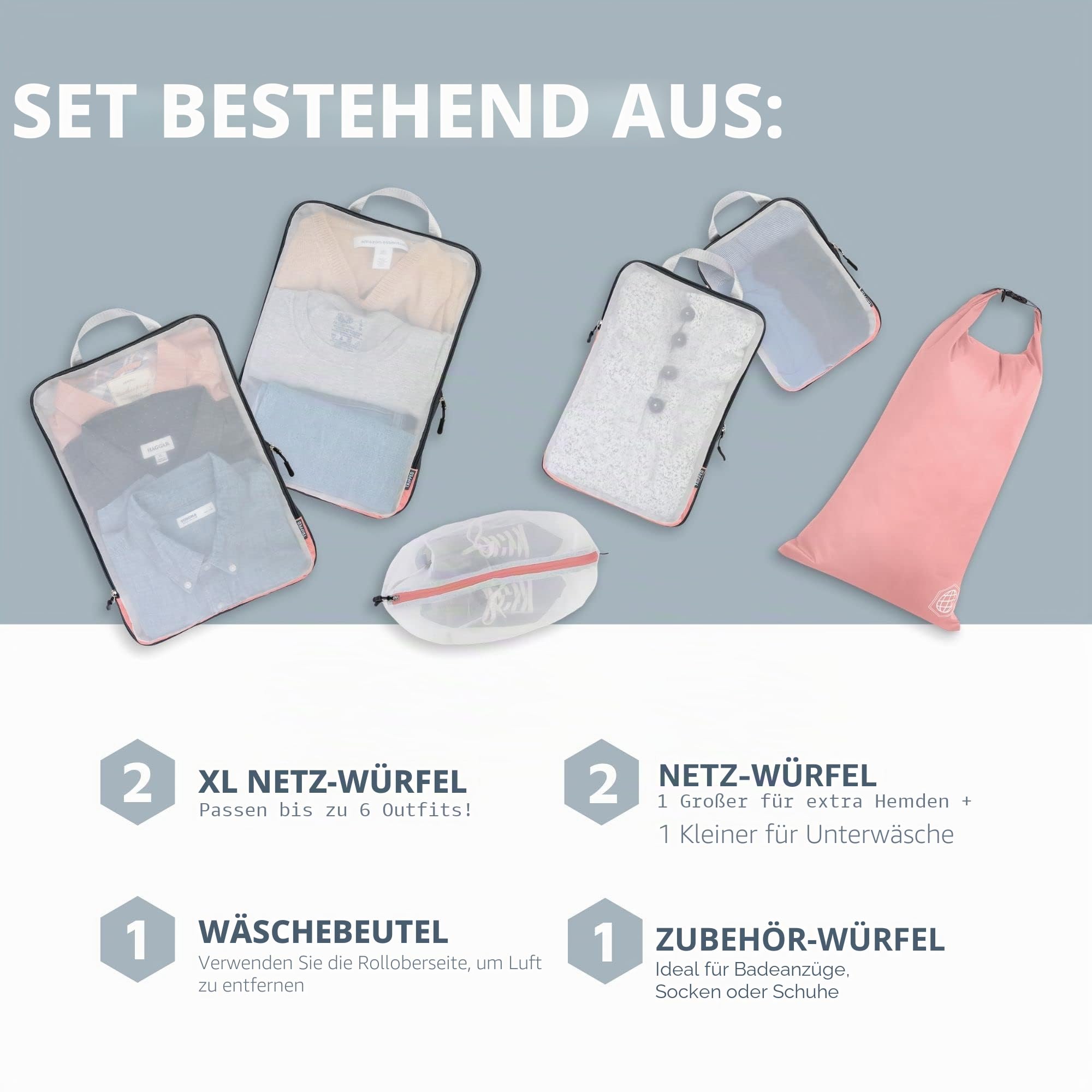 TRIPPED Travel Gear Großes Packwürfel-Set mit durchsichtigem Netz, Kompressions-Verpackungswürfel, Reise-Organizer (Dusty Rose)