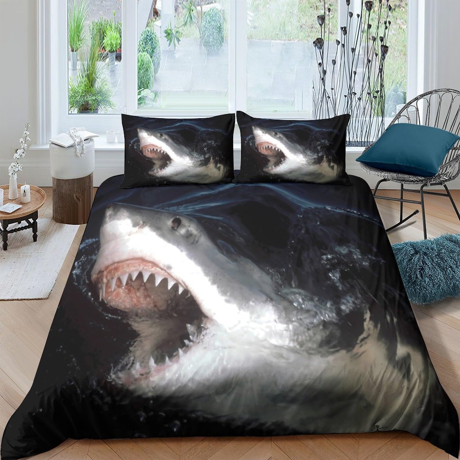 Ctjqhvkz Style-1 3D Printed Shark Attack Fitted Sheet Microfiber Soft Black Ocean Wave Bed Cover For Bedroom Guest Room Mattress Protection Single（135X200cm）
