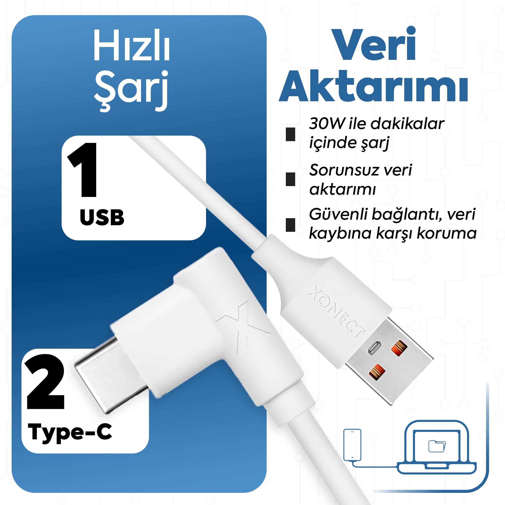 XONECT USB to Type-C ile Uyumlu iPhone ve Samsung ile Uyumlu Hızlı Şarj ve Data Kablosu 100 cm L Tipi Gaming (Siyah)