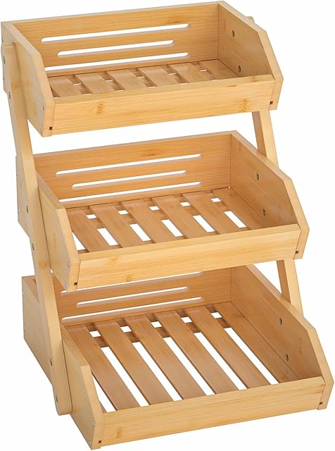 CALM COZY 3-Tier Bamboo Fruit Basket Bowl Holder, Bread Fruit Storage Basket Wooden Vegetable Rack for Kitchen Countertop