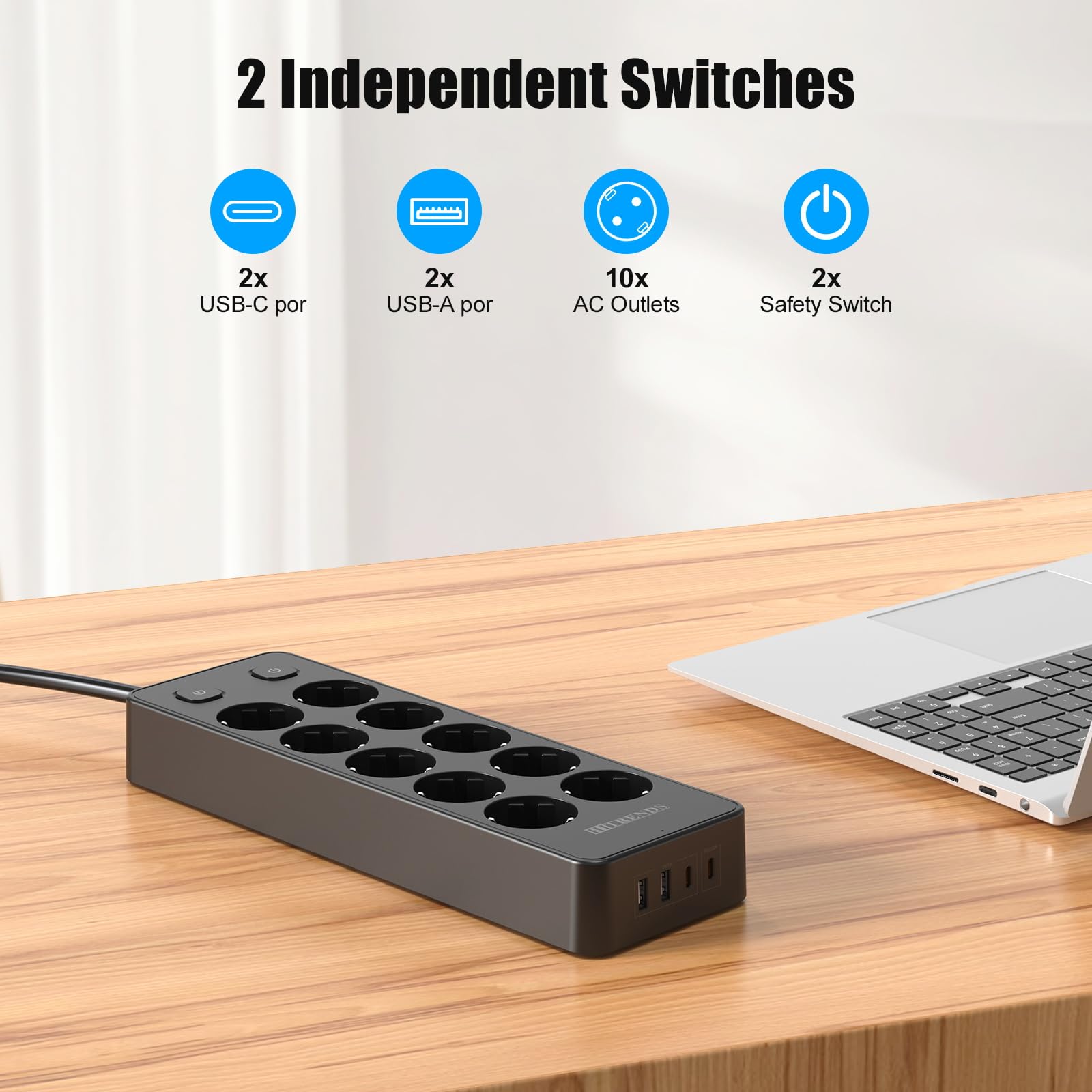 Multipresa con interruttore, Ciabatta 10 prese con protezione da sovratensione, Multipresa con 2 USB-A e 2 USB-C (20 W PD), Ciabatta con cavo da 2 m per casa, ufficio (nero)