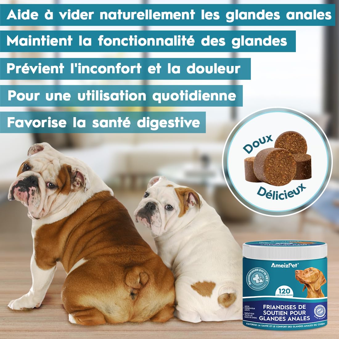 AmeizPet Traitement des Glandes Anales pour Chiens, Friandises Fonctionnelles en Fibres Digestives pour Les Glandes De Chiens, à Mâcher Sainement, 120 Friandises