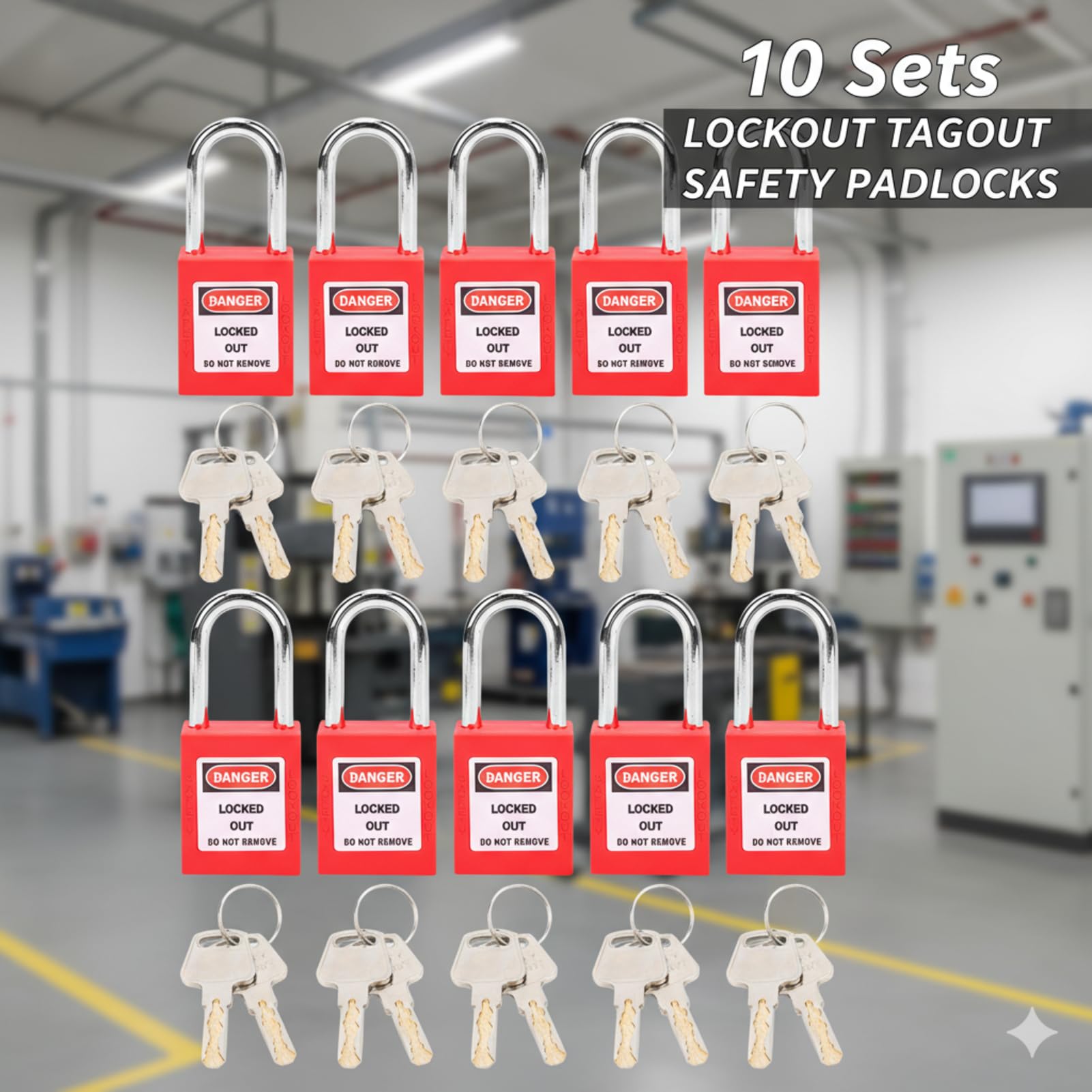 Set di 10 lucchetti di sicurezza – 38 mm di grado industriale, non conduttivo nylon PA, 6 mm Grillo in acciaio con 20 chiavi