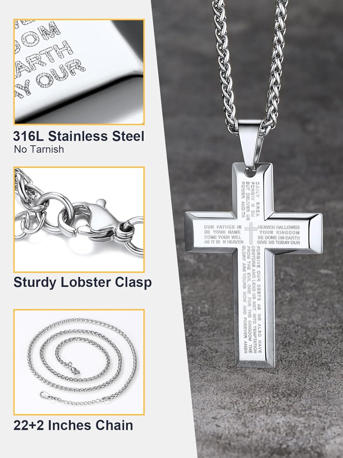 U7 Cross Necklace for Men, Stainless Steel Silver Black Gold Mens Cross Necklace, 22-24 Inches - Image 5