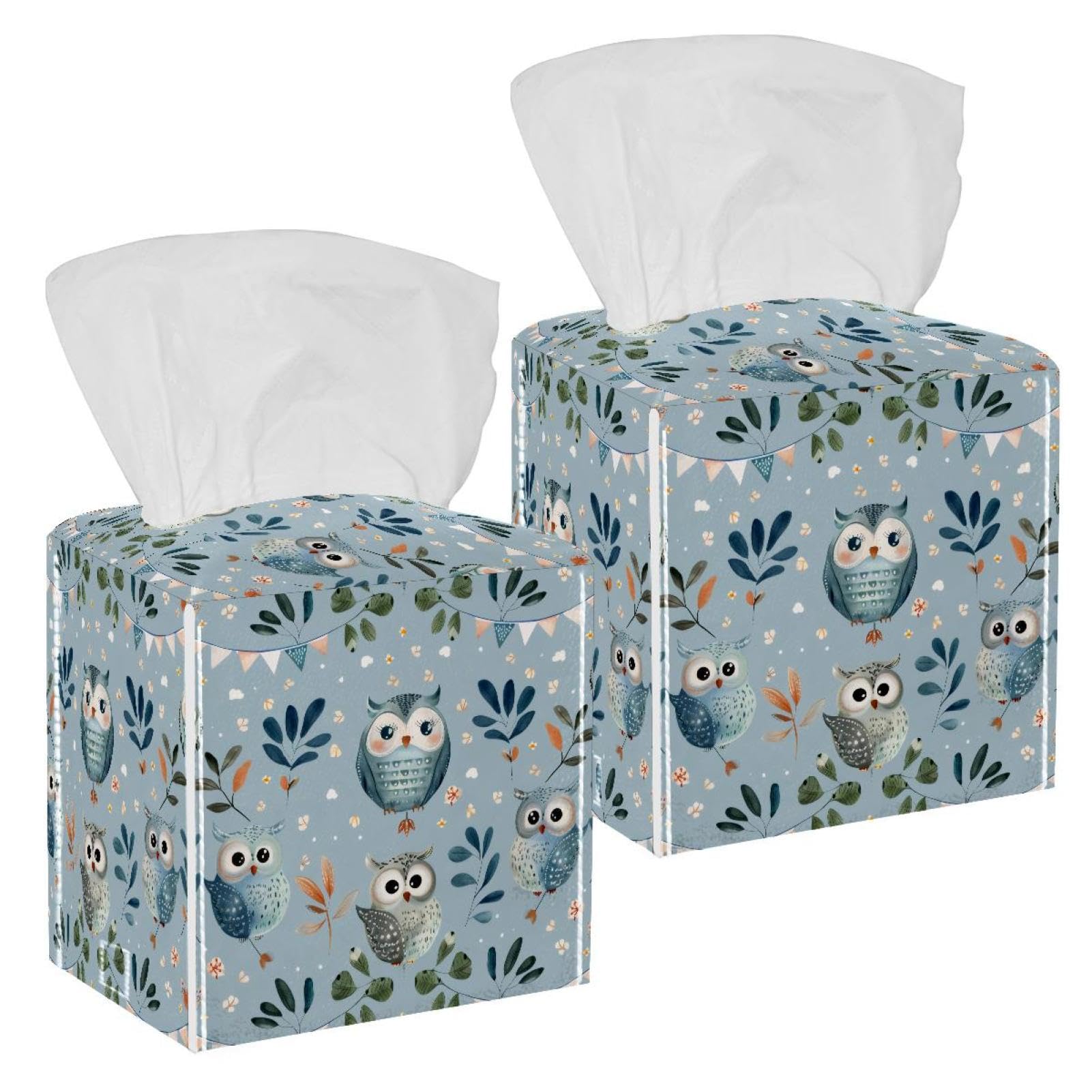 Cute Owl Tissue Box Cover, 2 Pack PU Leather Square Facial Tissue Dispenser Box holder for Home Office Car