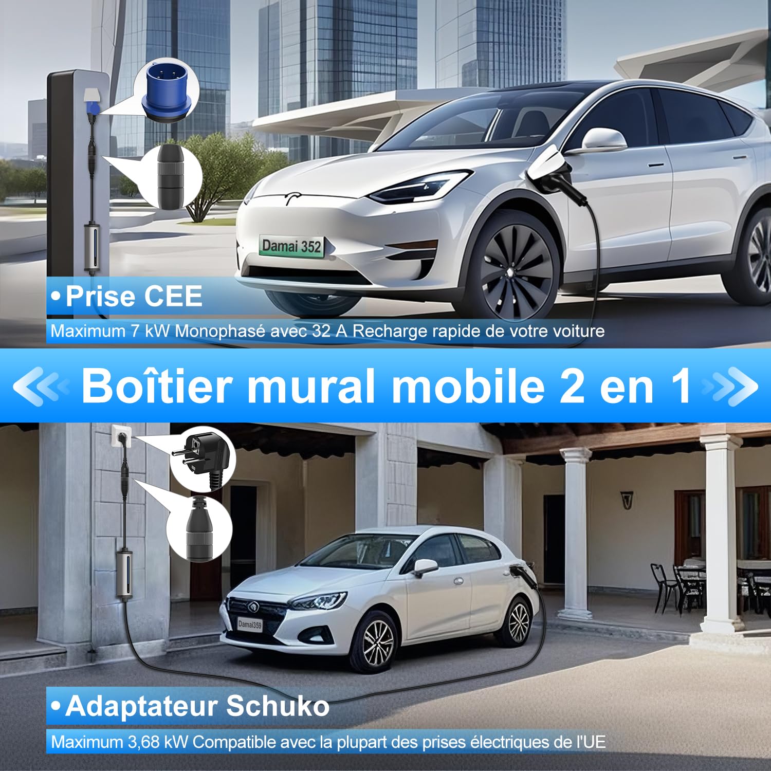 GONEO Colonnina Ricarica Auto Elettrica 7,4KW [ 7m Cavo|8-32A|2-8H IP66 Impermeabile] Stazione Carichino Auto elettrica Mobile con Spina CEE e Spina Schuko Caricatore Monofase Compatibile con EV/PHEV