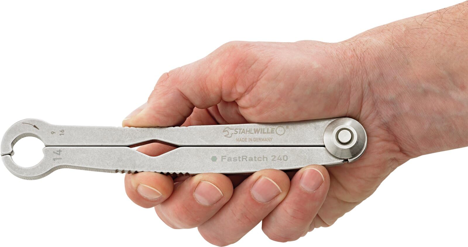 STAHLWILLE 240 14 | FastRatch Ratschenschlüssel 14 mm - 9/16 " | offener Ringschlüssel mit Ratschenfunktion, Maulschlüssel | ideal für Bremsleitungen, Überwurfmuttern | Made in Germany