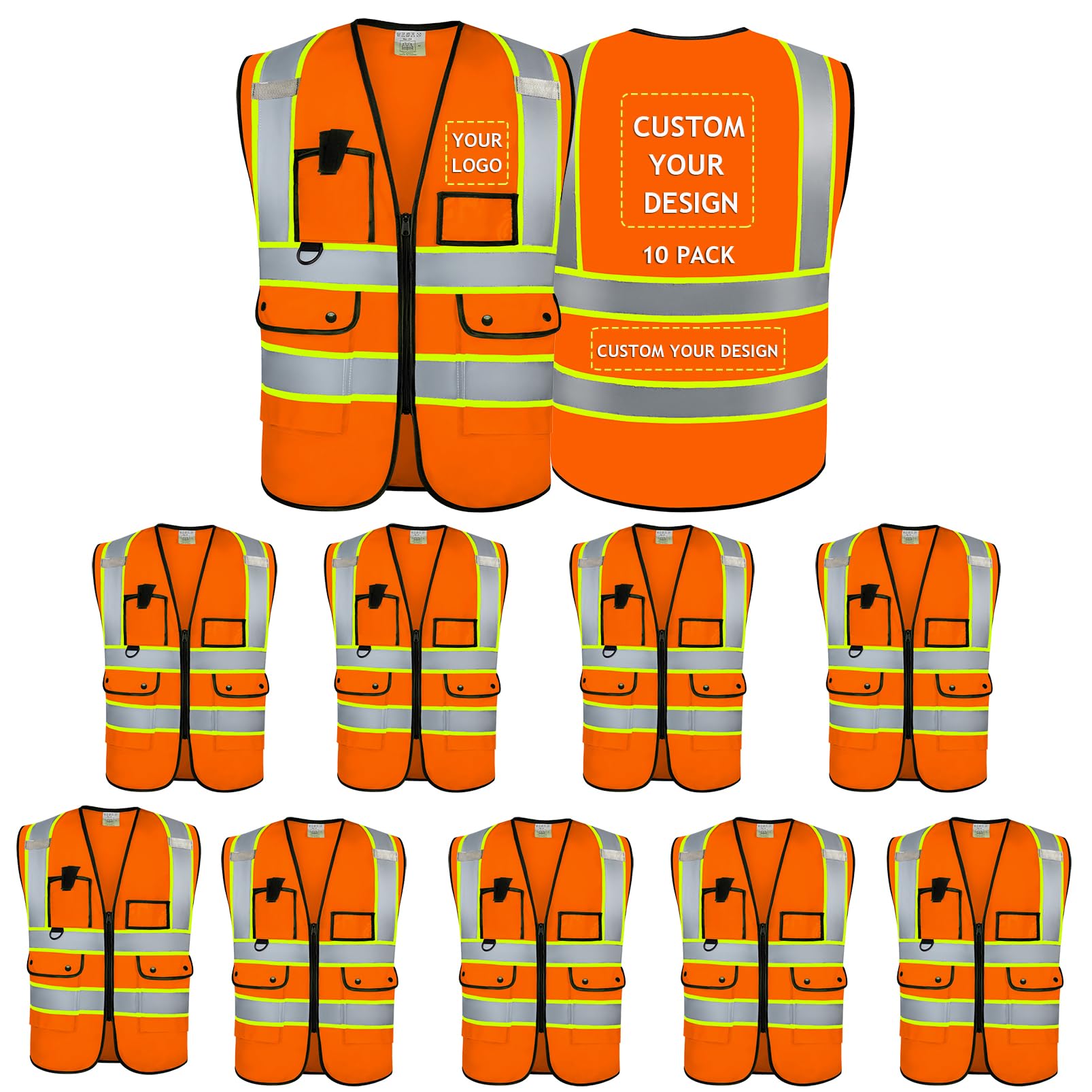 10 Pack Custom LOGO Design Safety Vests Reflective Strips Class 2 High Visibility with Pockets and Zipper For Men and Women