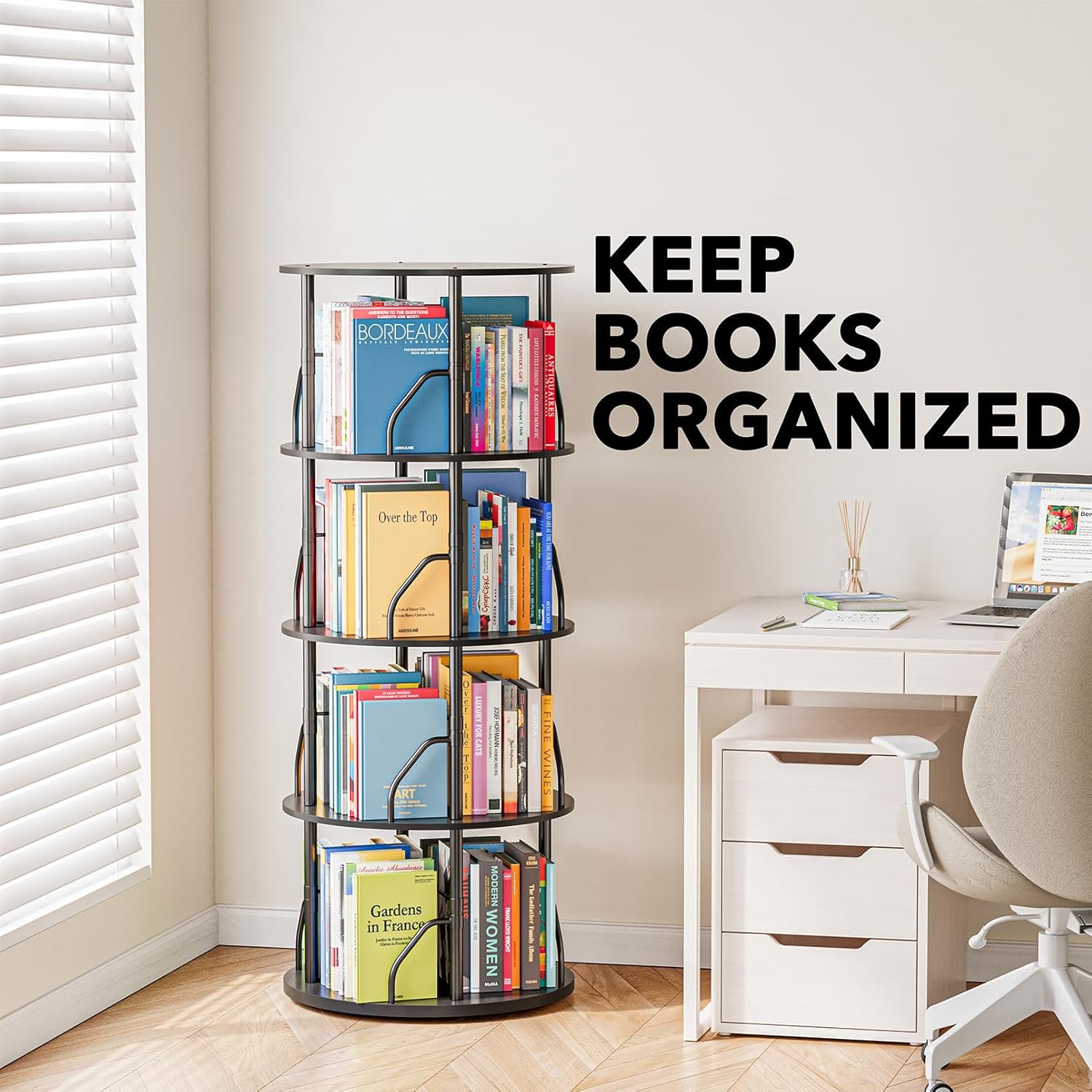 SpaceAid 4 Tier Rotating Bookshelf Tower, 360 Display Stackable Spinning Bookcase, Space Saving Revolving Round Book Shelf, Floor Standing Swivel Corner Organizer, Black