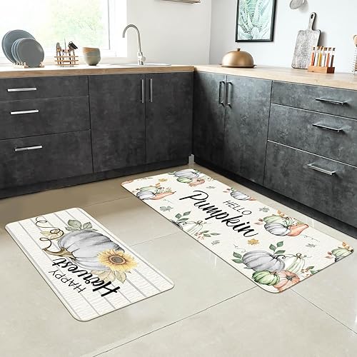 Miniatura 6 de Hello Pumpkin Harvest - Juego de 2 tapetes de cocina con temática de calabaza otoñal, Acción de Gracias, alfombras de cocina absorbentes de agua,