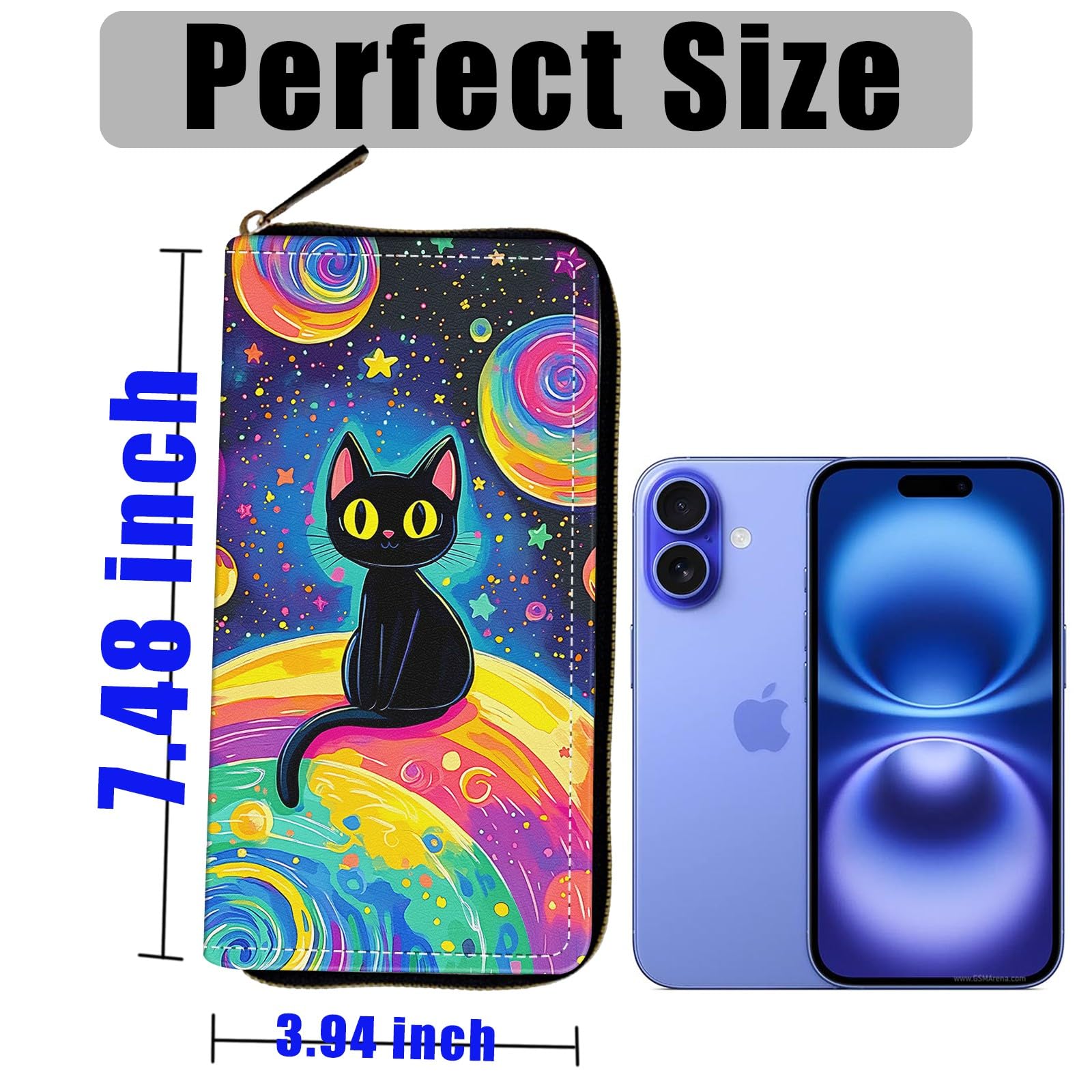 NLZQTTBD Women's Wallets,Wallet Wristlet for Women (Removable Wristlet) RFID Blocking Credit Card Holder Teen Girls PU Leather Phone Zip Around Men Wallet Clutch Travel Purse,Planet Black Cat