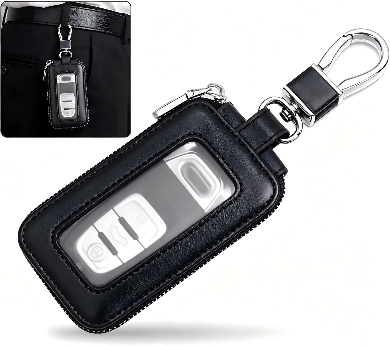 Car Key Fob Case, Leather Clear Window Remote Key Case, Portable Anti-scratch Storage Protector for Cars (Black)