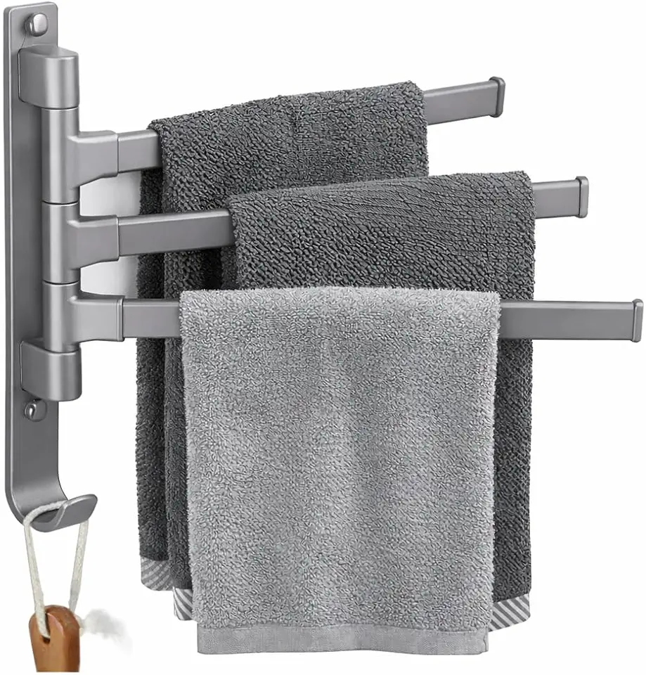 Toalheiro Lavabo Suporte de Toalha 3 Barras Alumínio Giratório 180º Parede Sem Furo Cozinha Banheiro Compacto Dobrável Cinza Gun Porta Pano Prático Organizador Multiuso Parede