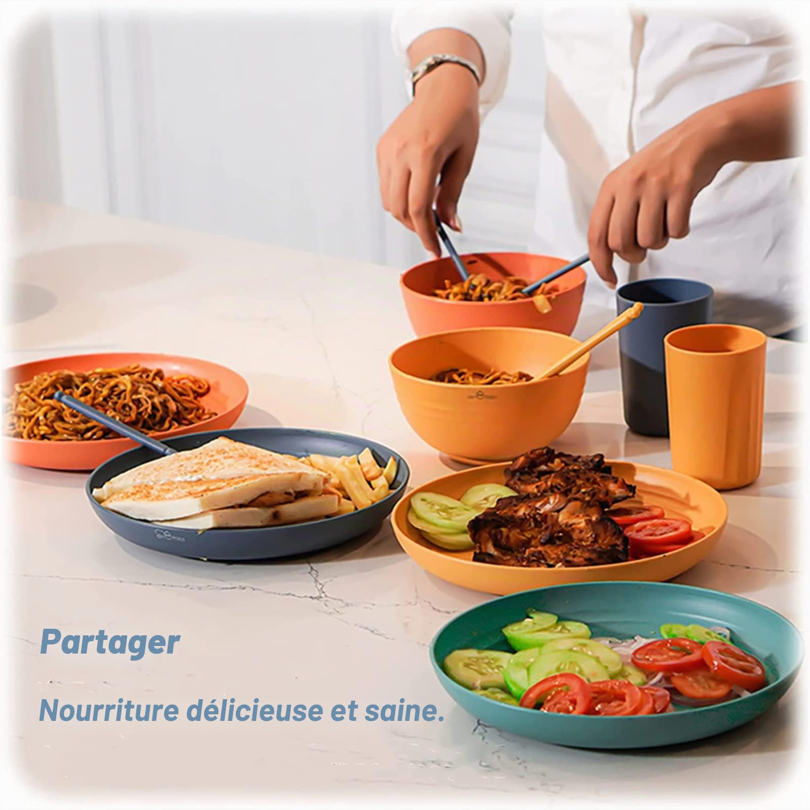 67 Pièces Vaisselle Camping, Plastique Reutilisable Sans BPA pour 6 Personnes, Set Pique Nique Adapté Pour Les Repas De Famille, Les Pique-Niques, Passe Au Lave-Vaisselle.