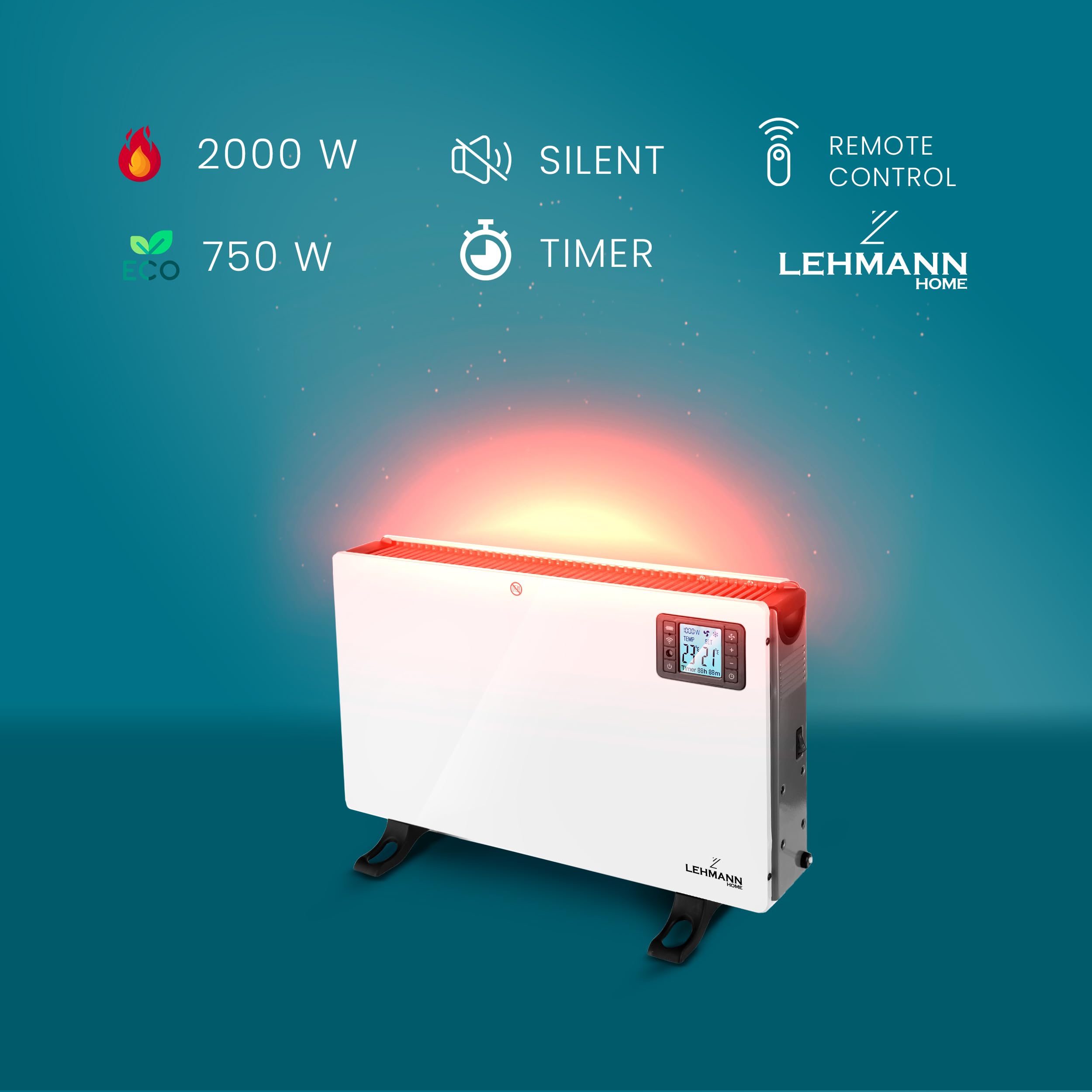 LEHMANN LHOHC-2013C Termoconvettore Elettrico 2000W, con 3 Livelli di Riscaldamento, Termostato Regolabile con Telecomando, Silenzioso, Compatibile con WiFi, Ideale stufa per casa e ufficio
