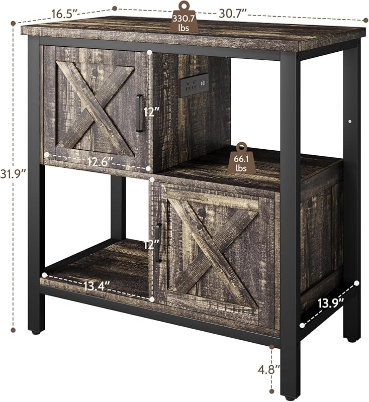 20-29 Gallon Fish Tank Stand with Power Outlet, Farmhouse Aquarium Stand with 2 Cabinets, 20 Gallon Fish Stand with 4 Adjustable Legs, 16.5" L*30.7" W Tabletop (Black)