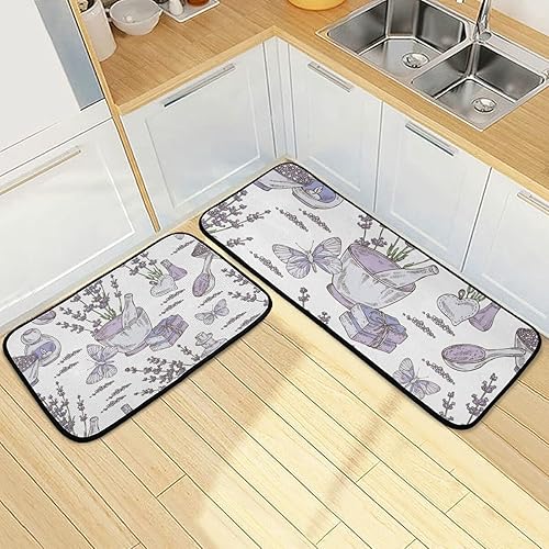 Miniatura 7 de Juego de 2 alfombras y tapetes de cocina con flores de lavanda, antideslizantes, lavables, juego de 2 para decoración del hogar, fregadero, cocina,