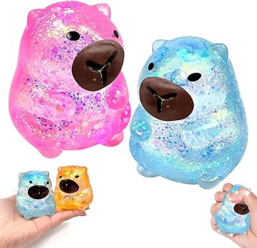 Capybara Squishy Glitter, Sparkly Capybara Squishy for Adults,Soft Squeeze Decompression Dough for Anxiety Relief Fidget, Kids Easter Basket StuffersPink+Blue