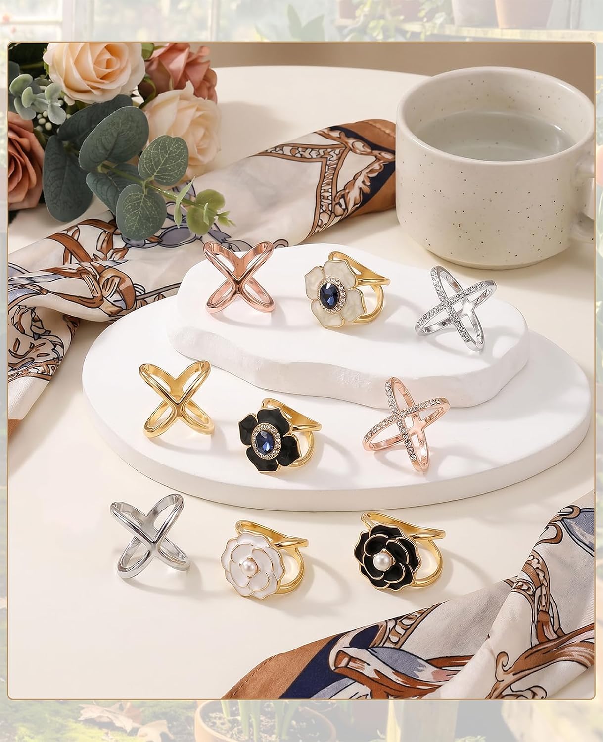 9 Pack Scarf Rings for Women, X-Shaped Elegant Scarf Clips, Metal T-Shirt Tie Buckles, Fashion Wrap Holder Slides for Neckerchief Bandana image 5