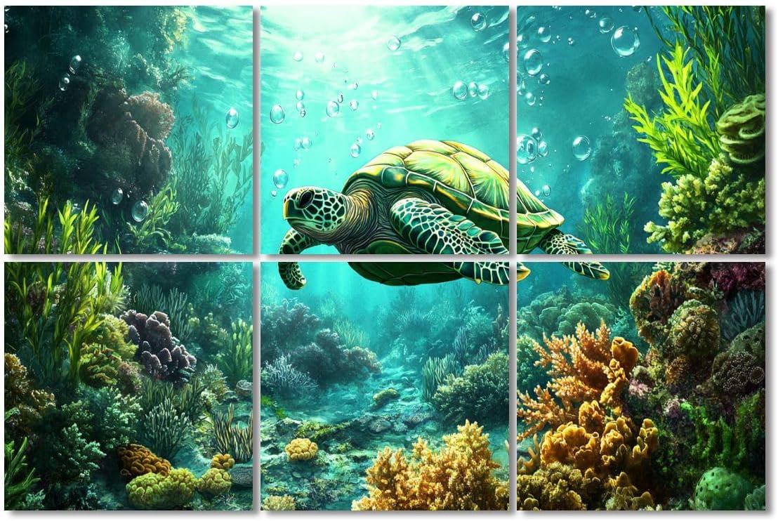 6 Pack Art Acoustic Panels Sound Absorbing Sea Turtle Teal With Coral Reefs Plants Bubbles Sunlight Vivid Colors Decorative Soundproof Wall Panels Self Adhesive for Recording Studios Office 72"x48"