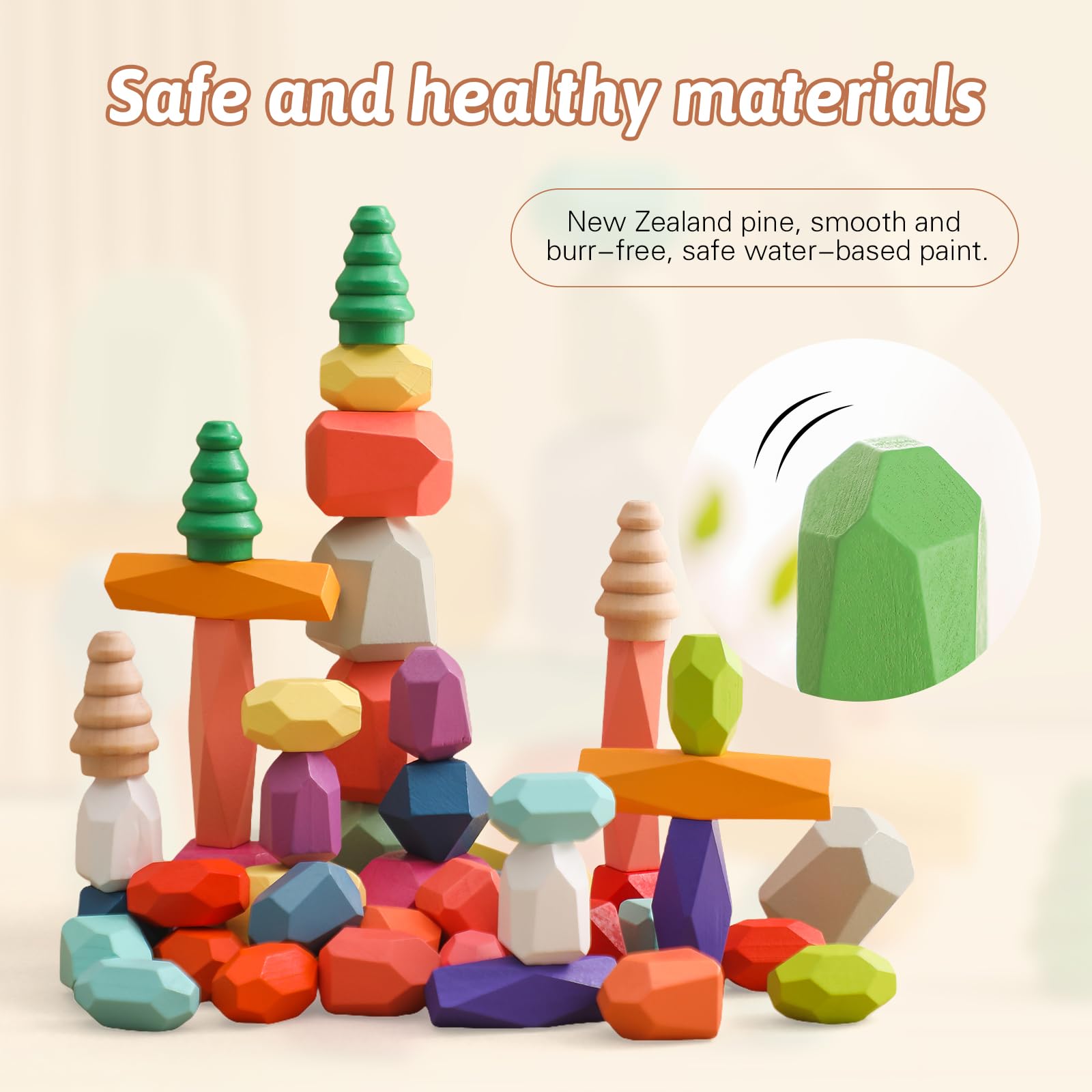 Giocattoli Impilabili in Legno - Pietre di Bilanciamento Waldorf Natura Blocchi di Costruzione Arcobaleno - Montessori (48 Pezzi Set)