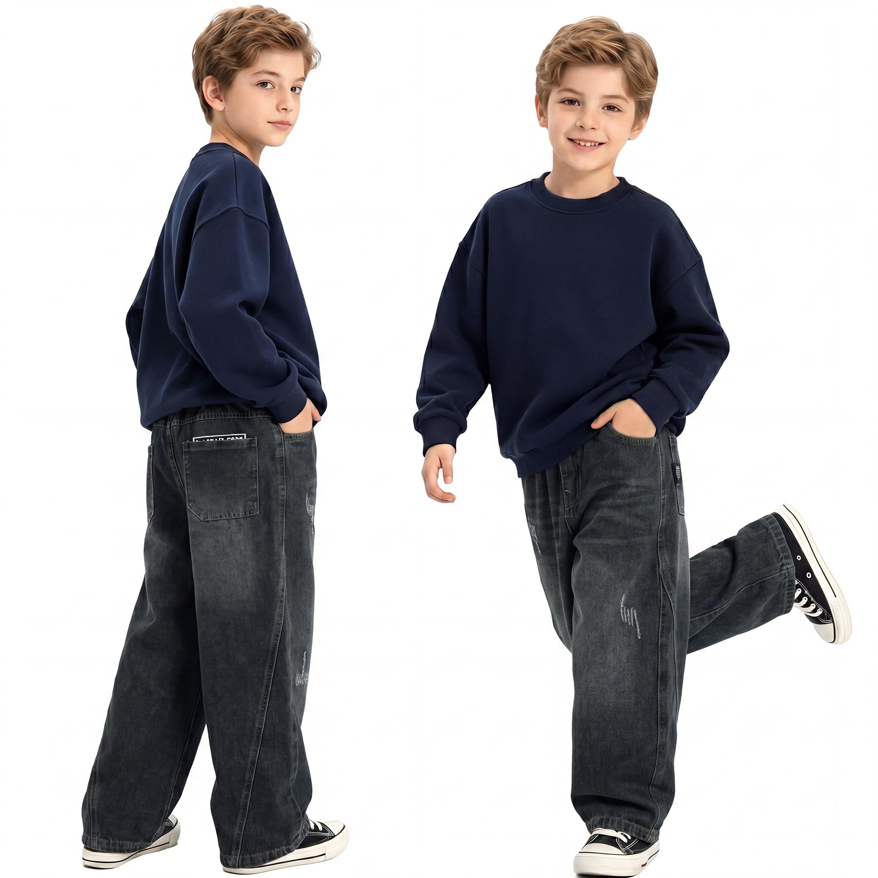 Jeans Garçon Enfants Droit Baggy Pantalon Denim Loose Fit avec Taille Élastique Long Jeans Casual Bleu Pant Décontracté Stretch Denims Mode Streetwear pour Ado 5-14 Ans