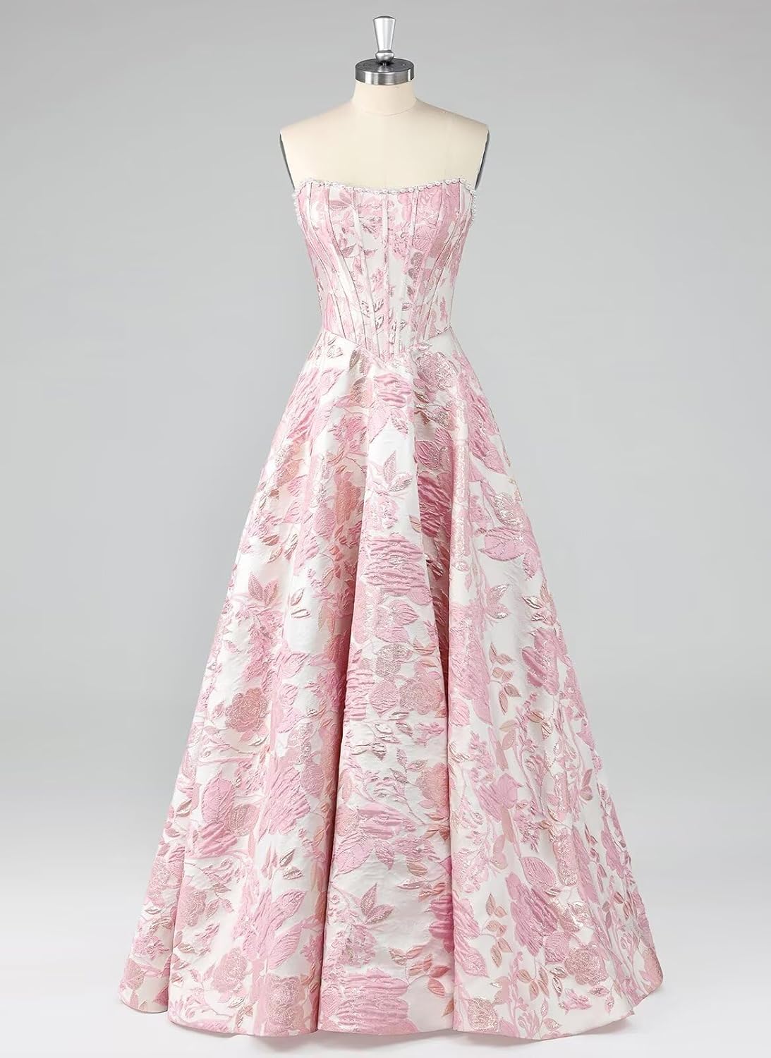 Mollyevers Floral Jacquard Prom Dresses for Women 2026 Pearl Strapless Corset Long Formal Evening Gowns with Pockets