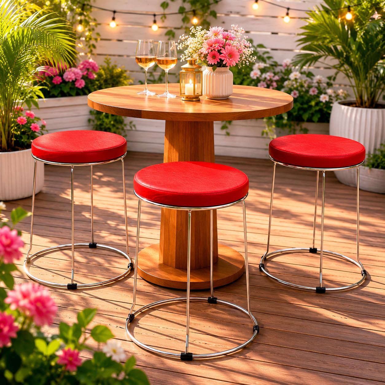 Round Stool Set of 3, Red Cushioned Seat, Chrome Metal Frame, Stackable Stools for Home-image-10