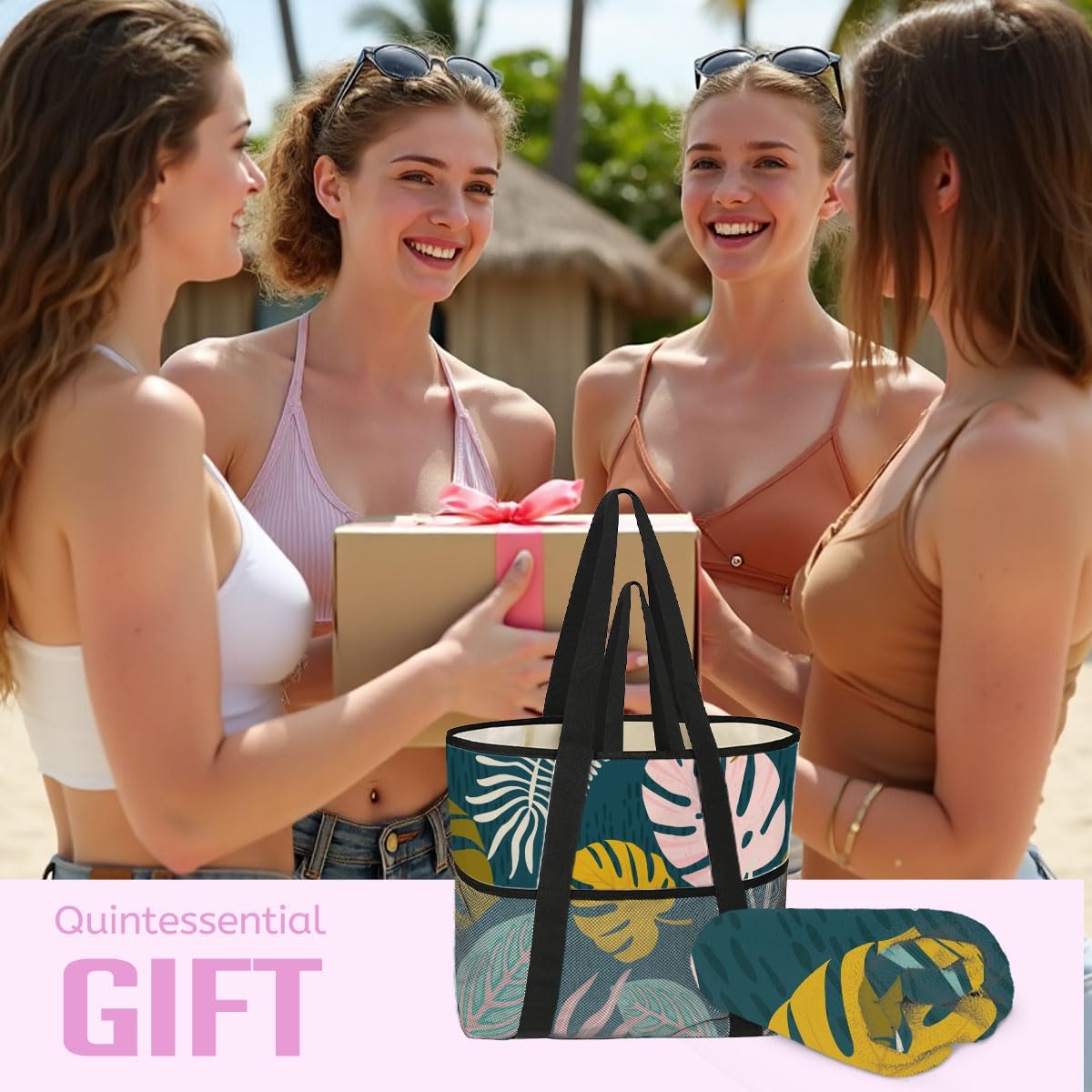 Palm Leaves Beach Tote Bag & Towel Set, Waterproof, Personalized, Multipurpose, Adult Unisex, 21.1" x 15" x 6.2"