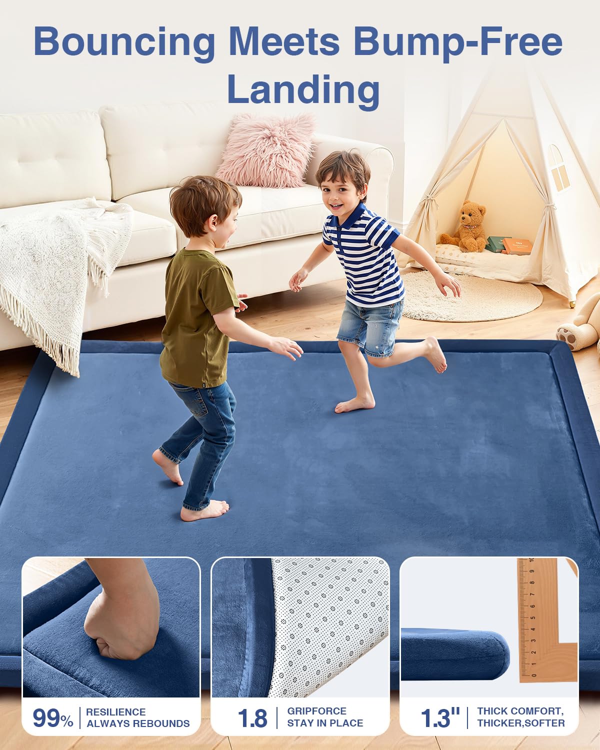 Baby Play Mat for Floor,1.3" Thick 50x50 Playpen Mat,Tummy Time Foam Mats,Plush Soft Padded Playmate for Babies 6-12 Months Crawling,Non-Slip Nursery Rug for Toddler Kids Playroom(Navy Blue)