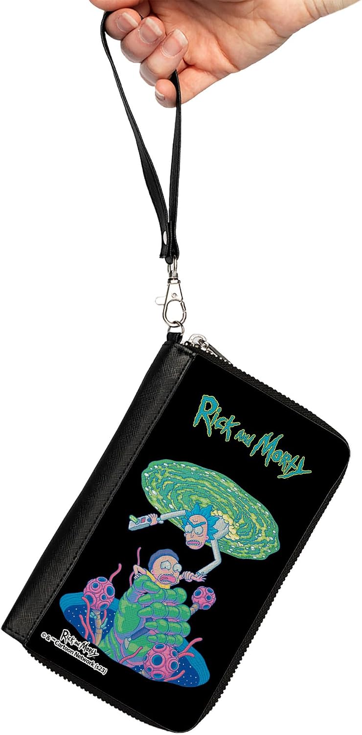 Buckle-Down Rick and Morty Wallet, Zip Around, RICK AND MORTY Portal Battle Scene Black, Vegan Leather