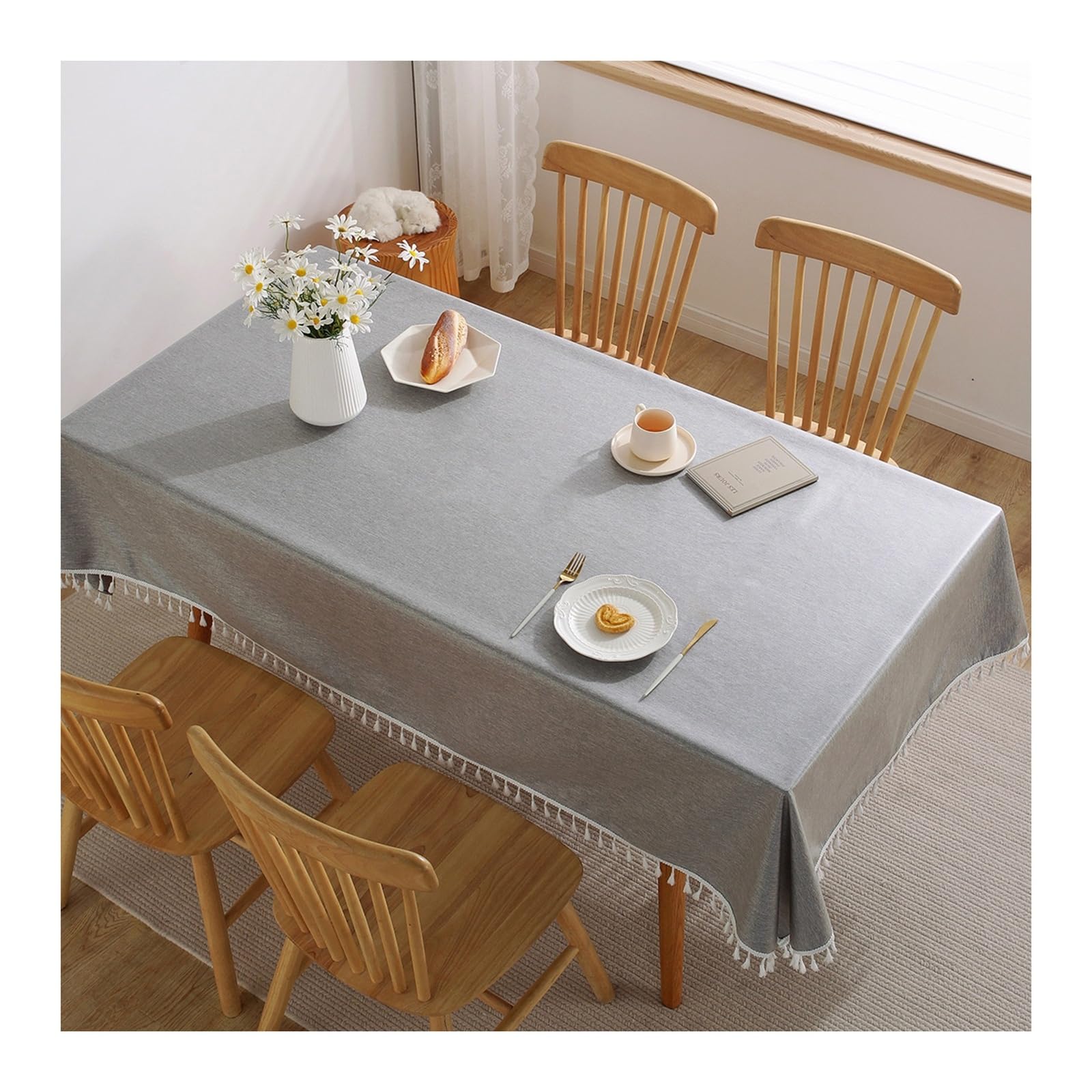 Nappe de table grise à franges KnSam pour repas de famille 120x170
