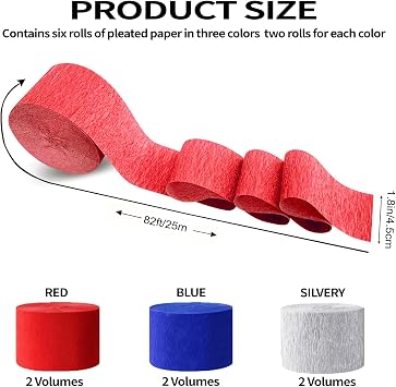 Crepe Paper Streamers 6 Rolls 492 ft,Blue Red Silver Streamer American Party Decorations,for Birthday Decorations,Rainbow DIY, Boy's Birthday Decoration American Theme Party